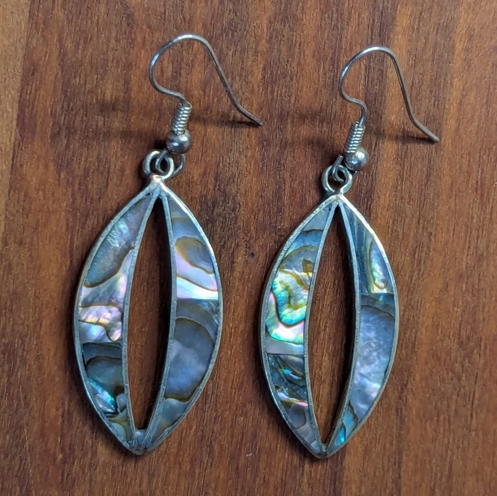 🐚 Sterling Silver Abalone Mother of Pearl hook drop dangle eye shaped earrings